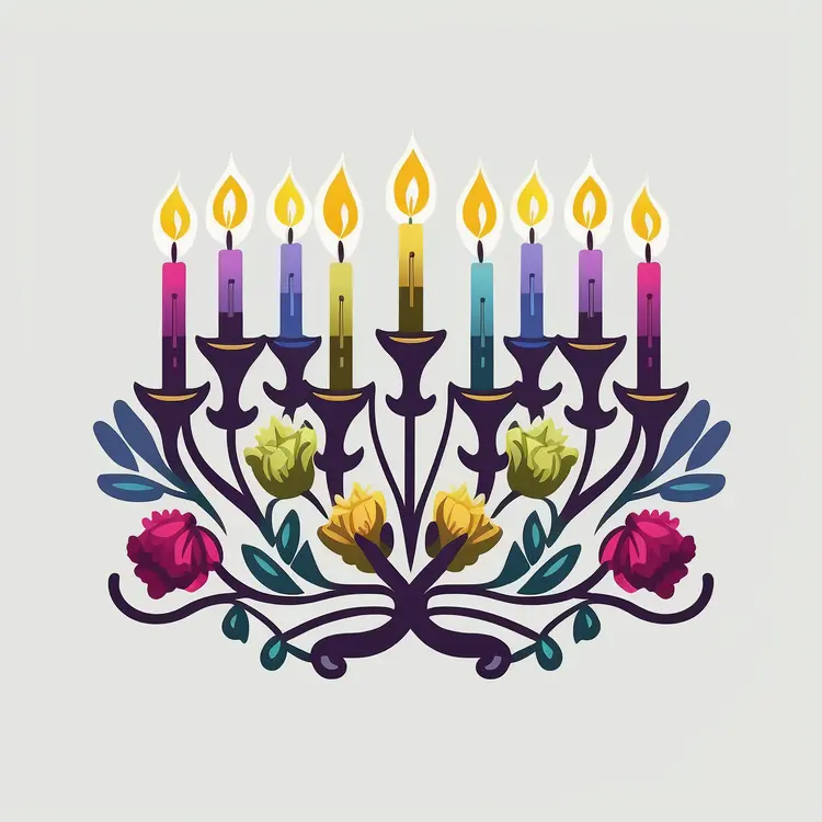 Colorful Menorah with Flowers for Hanukkah Celebration