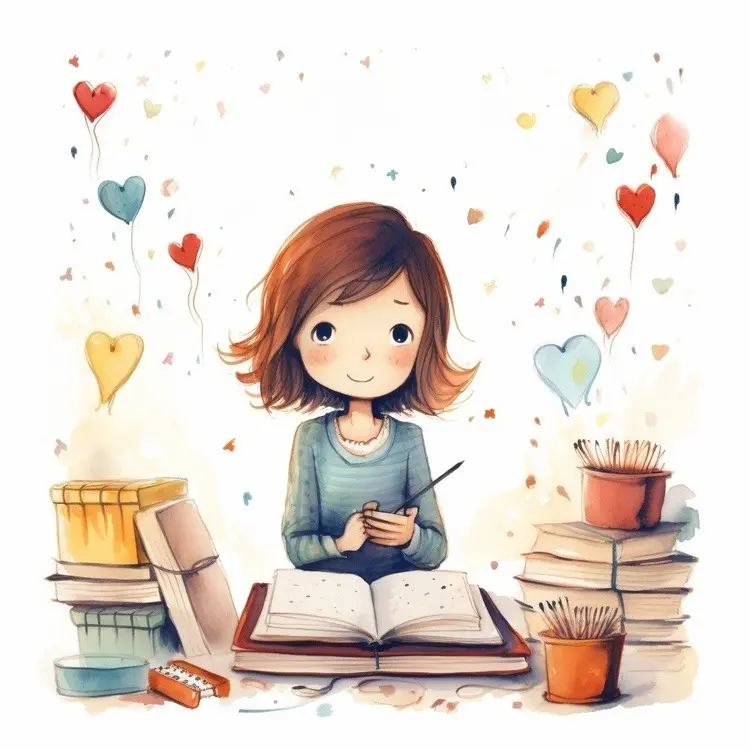 Girl Writing with Books and Hearts