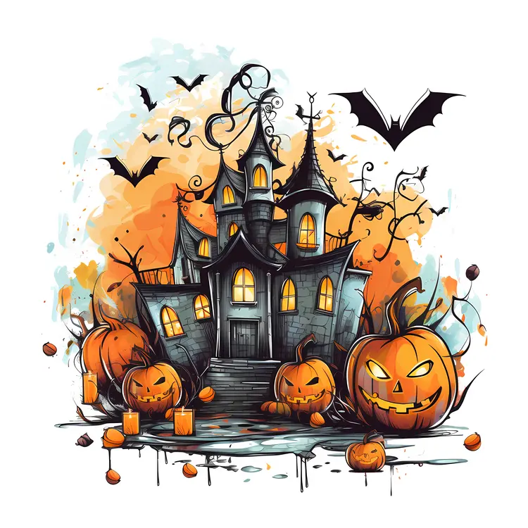 Spooky Haunted House with Pumpkins and Bats
