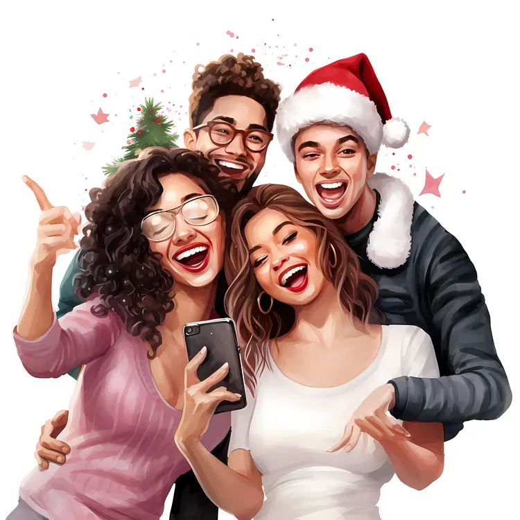Group of Friends Taking a Selfie with Christmas Hats