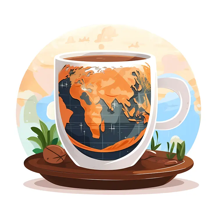 World Map Coffee Cup with Beans and Saucer