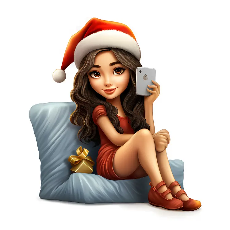 Girl with Santa Hat and Smartphone