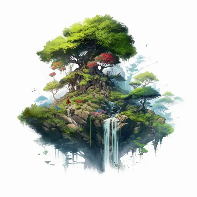 Enchanted Floating Island with Waterfall and Trees