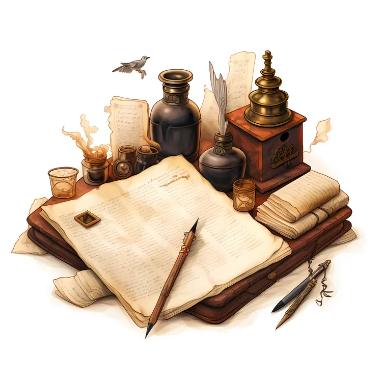 Vintage Paper with Ink Bottles and Pens