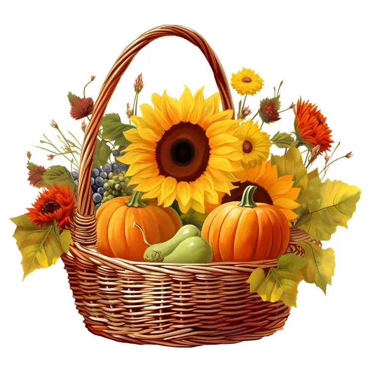 Autumn Basket with Sunflowers and Pumpkins