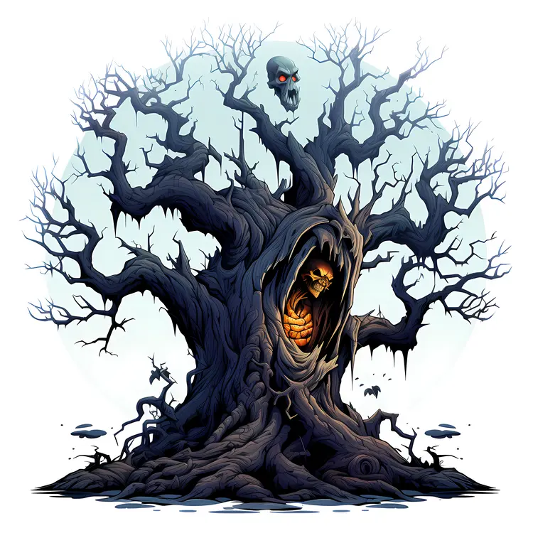 Spooky Tree with Hooded Figure and Skull