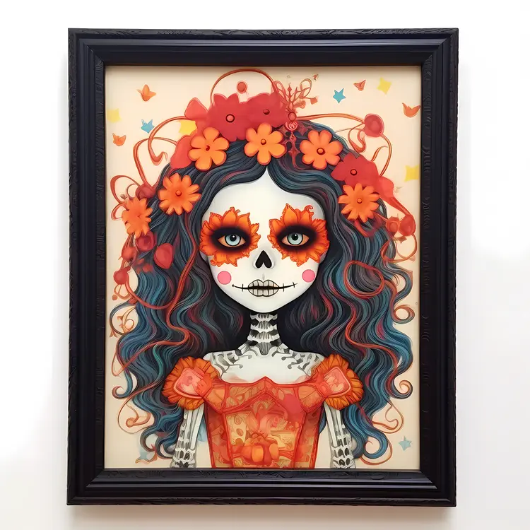 Skeleton Girl with Floral Headpiece in Frame