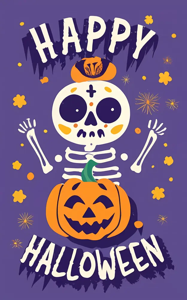 Skeleton with Pumpkin and 'Happy Halloween' Text