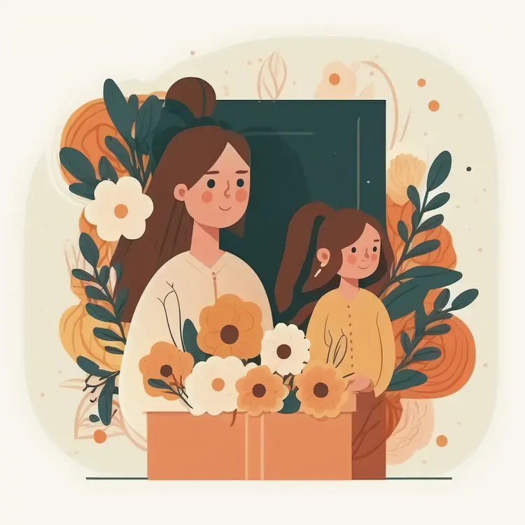 Mother and Daughter with Flowers Illustration for Mother's Day