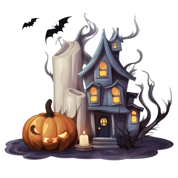 Creepy Haunted House with Jack-o'-Lanterns