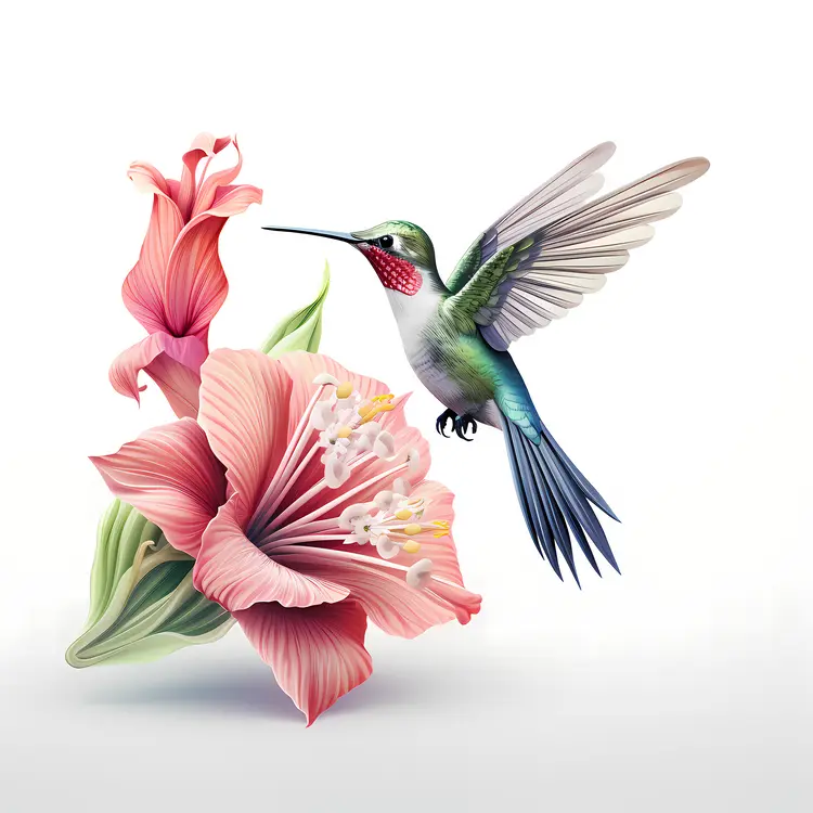 Hummingbird and Pink Flowers Illustration