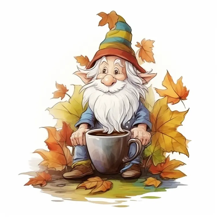 Gnome with Coffee Cup in Autumn Leaves