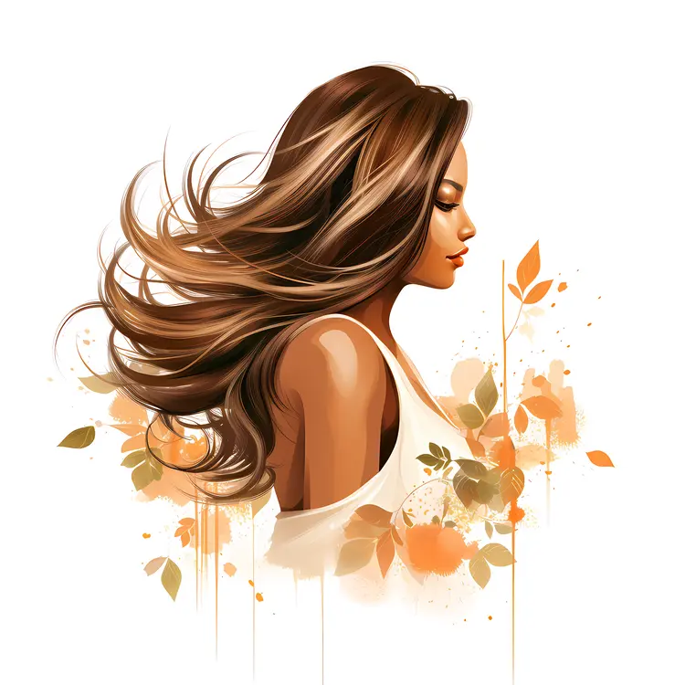 Beautiful Woman with Flowing Hair and Floral Accents