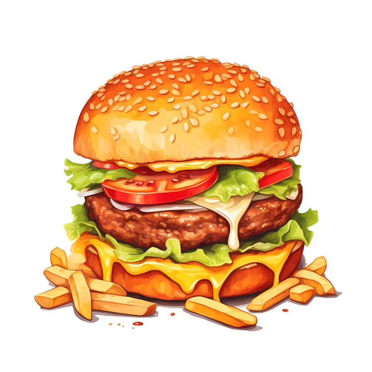 Cheesy Burger with Fries and Sauce