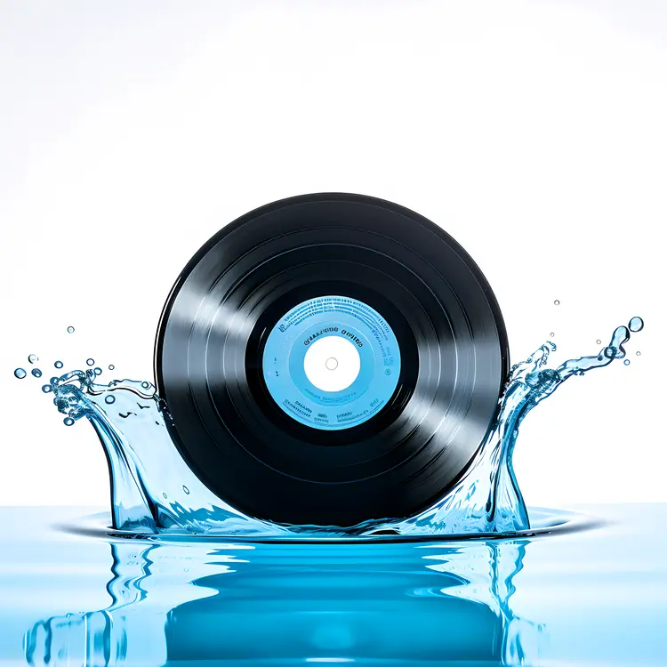 Black Vinyl Record with Blue Water Splash