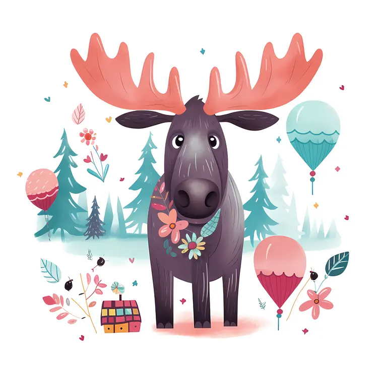 Cute Moose with Balloons Illustration