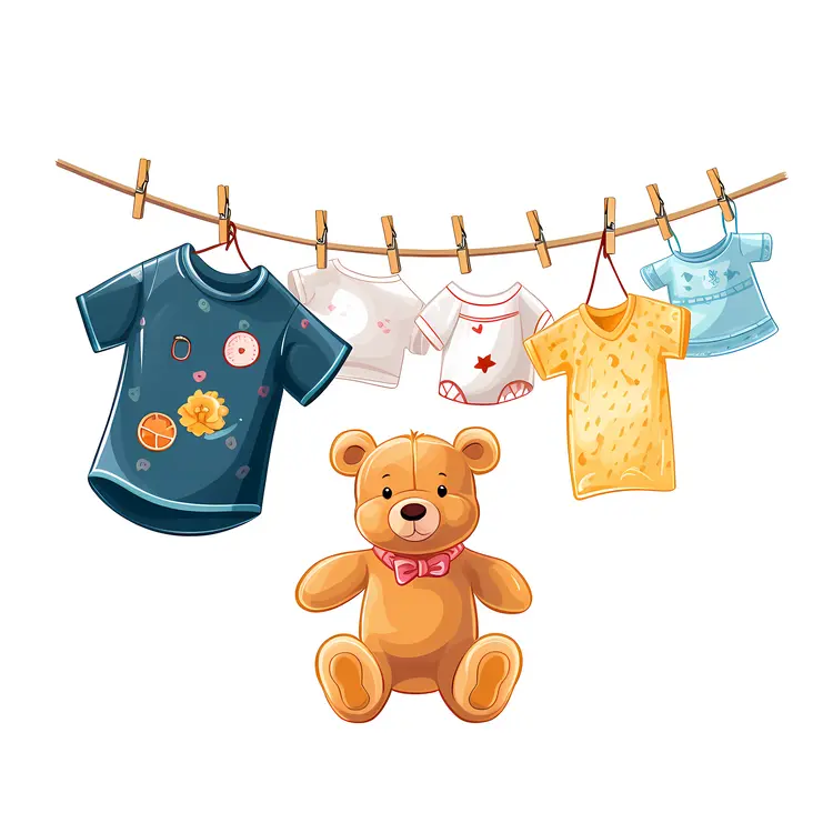 Cute Teddy Bear with Baby Clothes on Clothesline