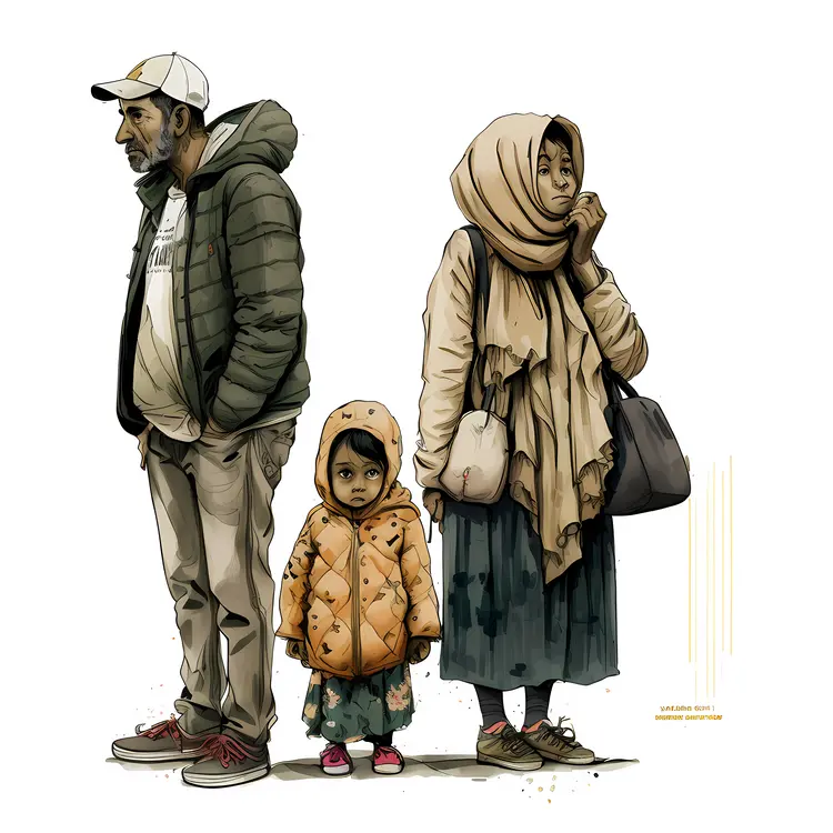 Family of Refugees in Winter Clothing