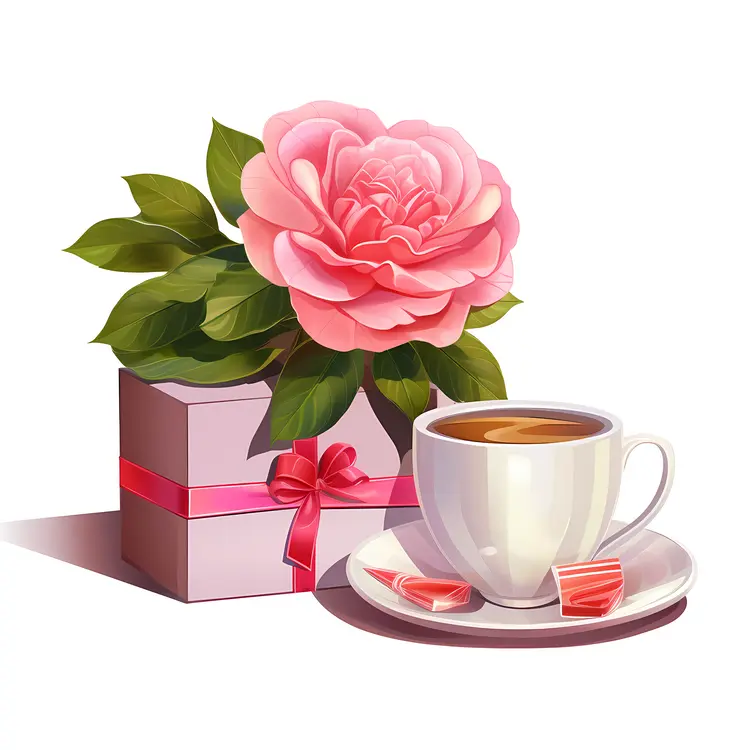 Pink Rose and Coffee Cup with Red Ribbon Gift Box