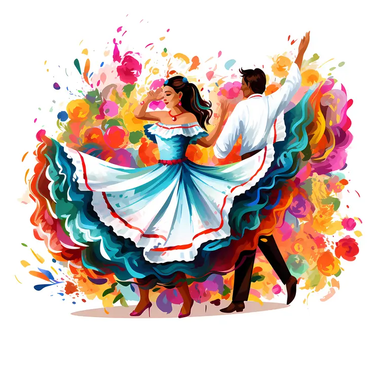 Dancing Couple in Blue and White Traditional Attire