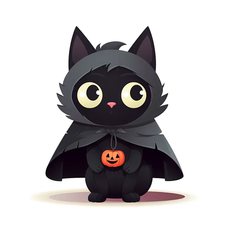 Cute Black Cat in Halloween Costume Holding Pumpkin