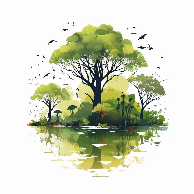Beautiful Green Tree with Birds and Reflection in Water