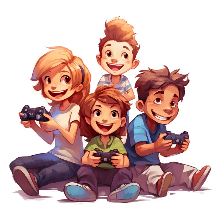 Happy Kids Playing Video Games Together