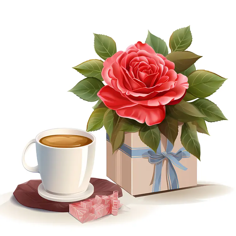 Red Rose and Coffee Cup with Blue Ribbon Gift Box