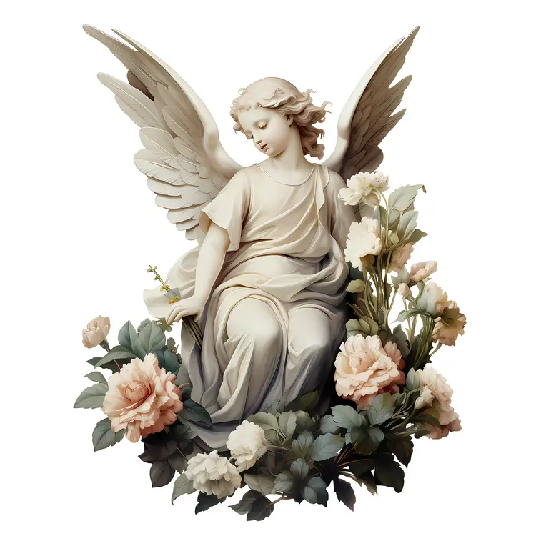White Angel Statue with Green Flowers