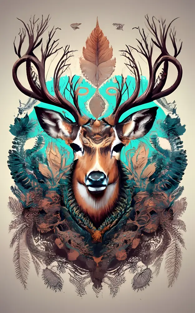 Brown Deer with Antlers and Feathers