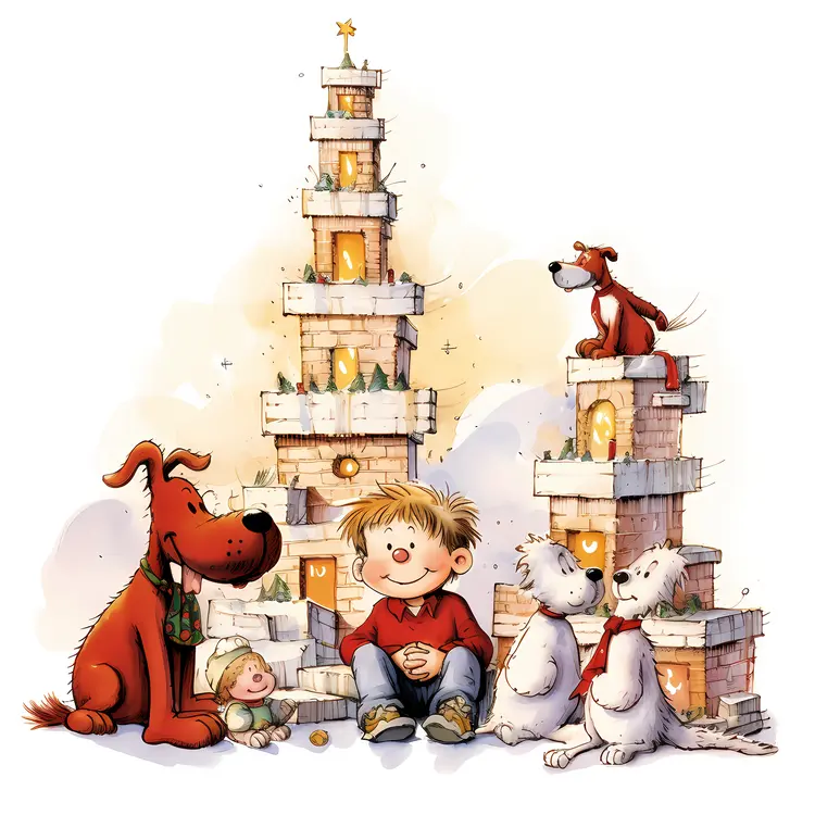 Boy with Dogs and Snow Towers