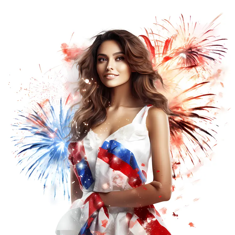 Woman in Red, White, and Blue Dress with Fireworks