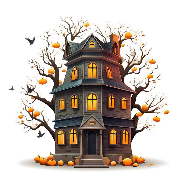 Spooky Haunted House with Pumpkins and Bats for Halloween