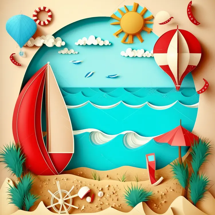 Colorful Beach Scene with Sailboat and Hot Air Balloon
