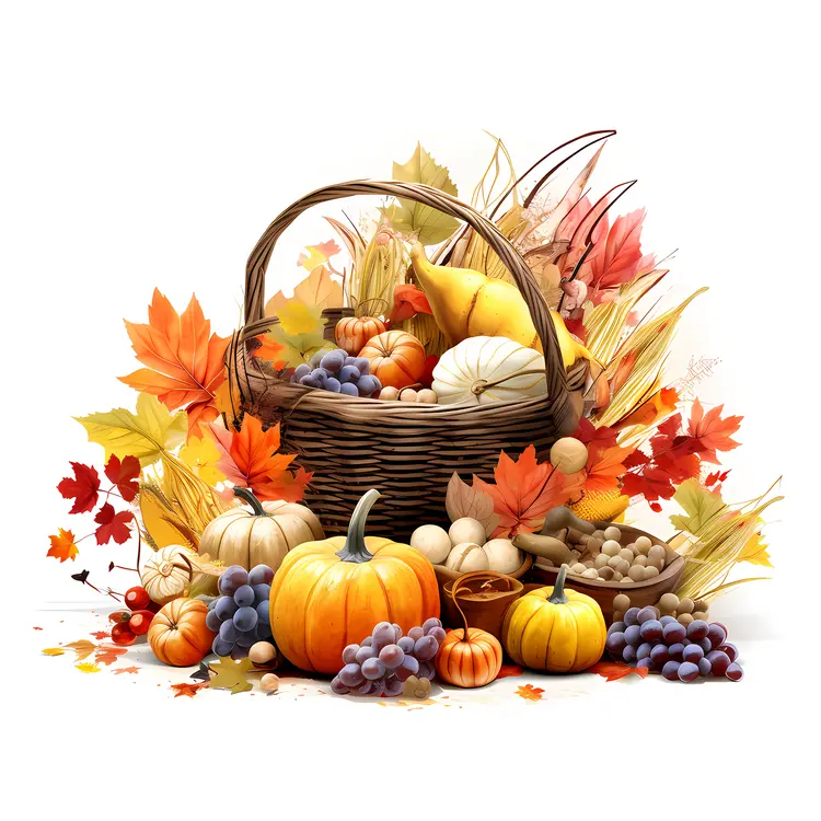 Pumpkins and Leaves in a Basket for Thanksgiving