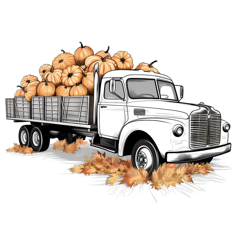 Truck with Pumpkins and Leaves