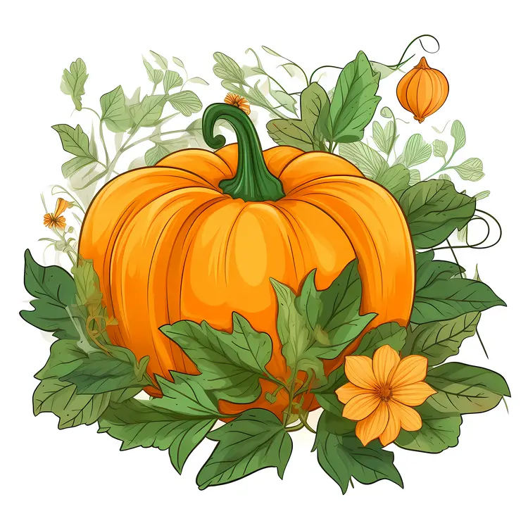 Pumpkin with Leaves and Flowers