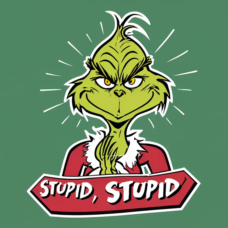 Grumpy Green Character with Santa Hat and 'Stupid, Stupid' Text