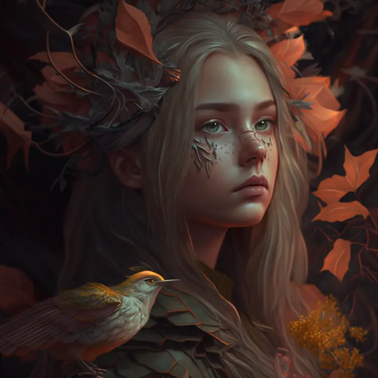 Girl with Bird in Autumn Forest
