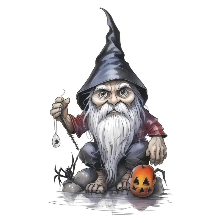 Spooky Gnome with Halloween Pumpkin and Spiders