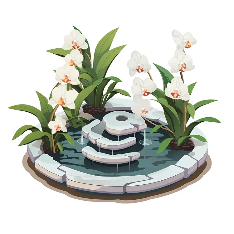 White Orchids on Circular Fountain