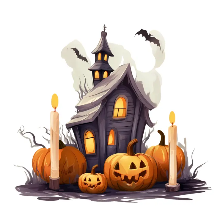 Spooky Haunted House with Pumpkins and Candles