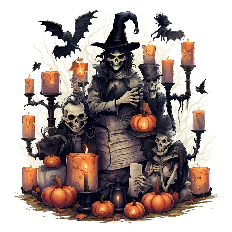 Skeletons with Candles and Pumpkins