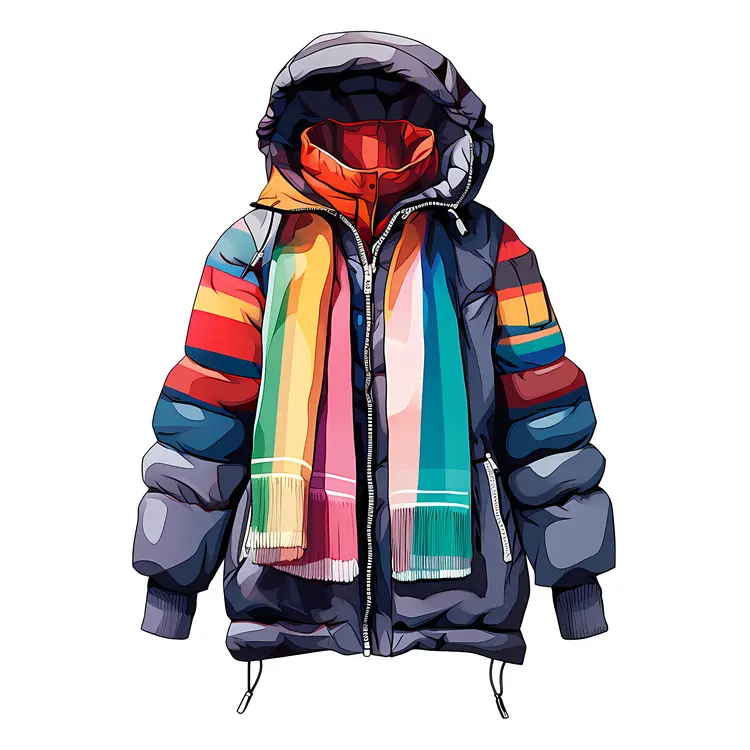 Dark Puffer Jacket with Hood and Scarf