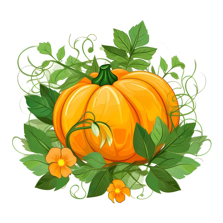 Orange Pumpkin with Leaves and Flowers