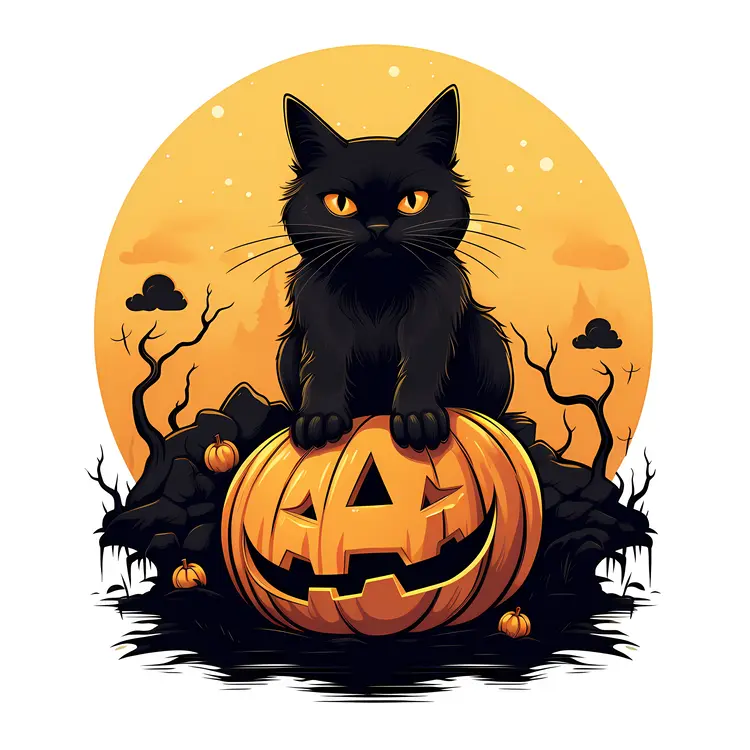 Black Cat on Halloween Pumpkin
