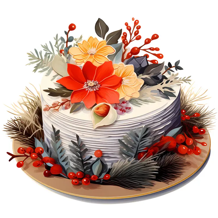Christmas Cake with Flowers and Berries