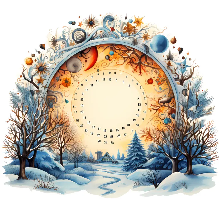Winter Calendar with Snowy Landscape
