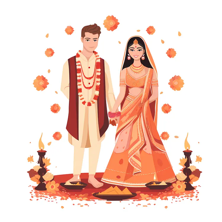 Traditional Indian Wedding Couple in Orange and White
