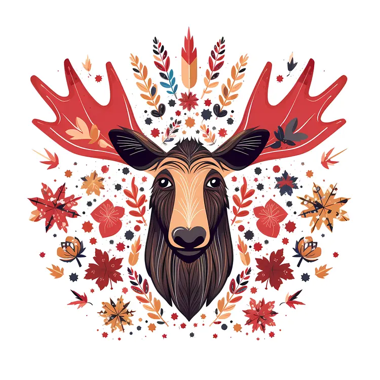 Autumn Moose with Leaves Illustration